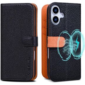 VISOUL Case for iPhone 16 Wallet Case, Pebbled Real Leather Wallet Phone Case Card Holders Kickstand Flip Folio Cover Compatible with iPhone 16 (6.1 inch)-Verona Green+Yellow