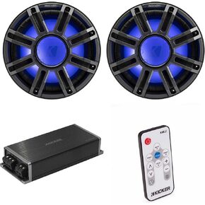 Kicker Marine KPX500.1 Powersports Amp & (2) 12" 4 Ohm Premium Marine Free-Air Subwoofer (Charcoal Grill) Includes LED Remote