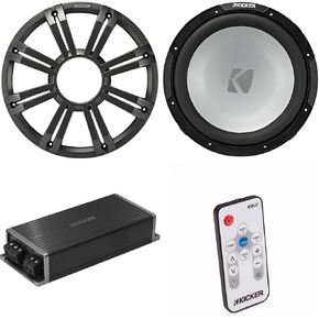Kicker Marine KPX500.1 Powersports Amp & 12" Free Air 2 Ohm (Charcoal Grill) Subwoofer Audio Upgrade, Includes LED Remote