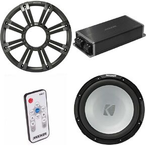 Kicker Marine KPX500.1 Powersports Amp & 12" Free Air 4 Ohm (Charcoal Grill) Subwoofer Audio Upgrade, Includes LED Remote