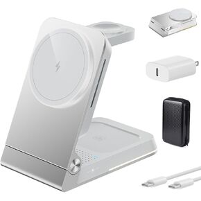 Foldable Wireless Charger 3 in 1 - Magnetic Wireless Charging Station for Apple Magsafe Charger Stand with Light,Aluminum Portable Travel Charger Dock for iPhone 16/15/14/13/12,Apple Watch,AirPods