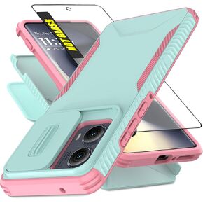 for Motorola Moto Edge 2024 Case with 1 HD Screen Protector & Slide Camera Cover [Military-Grade] Phone Case Heavy Duty Rugged Shockproof Protective Cover for Moto Edge 2024(Cyan/Pink)