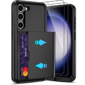 for Samsung Galaxy S23 Case with Card Holder and (2 Pcs) HD Screen Protector, Slim Heavy Duty Dual Layer Shockproof Design & Hidden Card Slot Wallet Case for Galaxy S23-Black