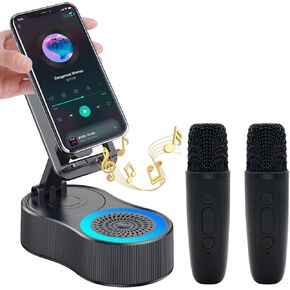 Gifts for Men Women,Cell Phone Stand with Wireless Bluetooth Speaker,Colorful Ambient Light 360° Foldable for Tablet iPhone Android 2 Wireless Microphones HD Surround Sound (Black)