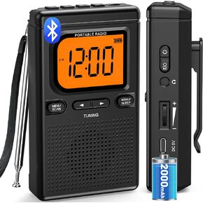 2000mAh Rechargeable AM FM Radio with Bluetooth Portable Transistor Pocket Radio with Digital Tuning, Flashlight,LCD Screen,Earphone Jack, Sleep Timer and Alarm Clock for Jogging