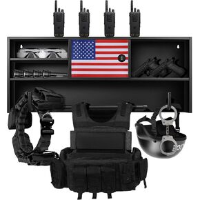 Police Gear Rack Wall-Mounted with Lock Safe,Heavy Duty Metal Tactical Gear Rack Includes 2 Patriotic Flags,Ideal for Law Enforcement Equipment Storage