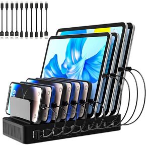 Charging Station for Multiple Devices, 100W 10 Ports Flat Plug Charging Dock with 10 Cables Smart IC Tech and Adjustable Dividers Type-C，Multi USB Charger for iPhone Galaxy iPad Tablet，White