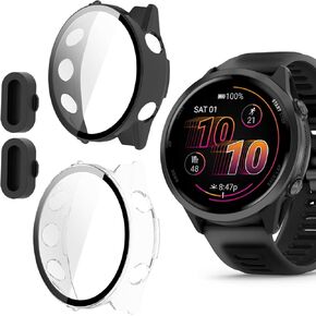 Compatible for Garmin Forerunner 570 Case with Dust Plug, Lamshaw Case with Tempered Glass Screen Protector + Dust Plug Compatible with Garmin Forerunner 570 42mm, 47mm (2 Pack-Black+Clear, 42mm)