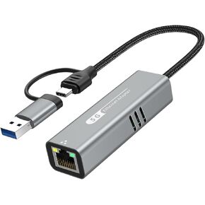 5G USB 3.2 Ethernet Adapter with RTL8157, 2-in-1 USB-A/Type-C to 5Gbps Network Card RJ45 LAN Converter for PC Laptop Windows Mac OS Linux(5Gbps Need Type-C > 3.2)