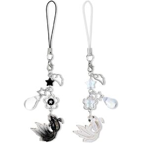 2Pcs Koi Fish Phone Charms, Aesthetic Fish Y2k Keychain, String Rope Charms for Phone Case Camera Bag, Water Drops Stars Wing Lanyard Strap Pendants Phones Decorations(Black+White)