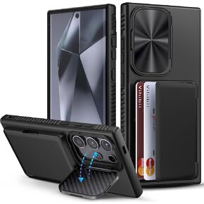 Vihibii for Samsung Galaxy S24 Ultra Case with Card Holder (4 Cards) & Kickstand & Camera Lens Cover, Heavy Duty Hard Back Soft Edge Wallet Phone Case for Samsung Galaxy S24 Ultra 6.8", Dark Purple