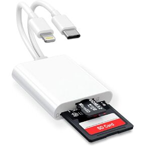 SD Card Reader for iPhone iPad, 2 in 1 SD/Micro SD Card Adapter Dual Connector (Lightning & USB-C) for SD and TF Memory Cards, Trail Camera Viewer with No Driver Needed Plug & Play