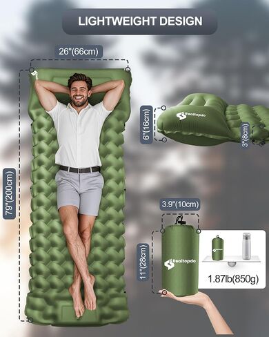 Inflatable Camping Sleeping Pad with Pillow & Foot Pump, 3"x79"x26" Single Camping Air Mattress, Compact Roll-Up, Quick-Dry & Durable Sleeping Mat for Backpacking, Hiking, Tent, Travel – Grass Green in Saudi Arabia