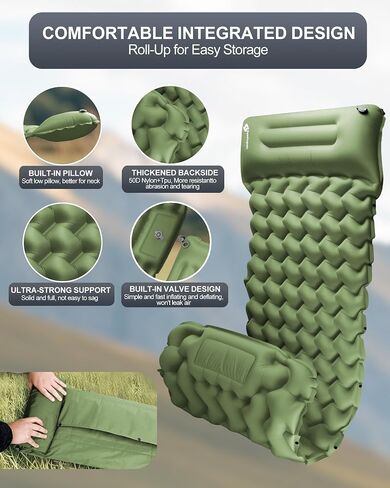 Inflatable Camping Sleeping Pad with Pillow & Foot Pump, 3"x79"x26" Single Camping Air Mattress, Compact Roll-Up, Quick-Dry & Durable Sleeping Mat for Backpacking, Hiking, Tent, Travel – Grass Green in Saudi Arabia