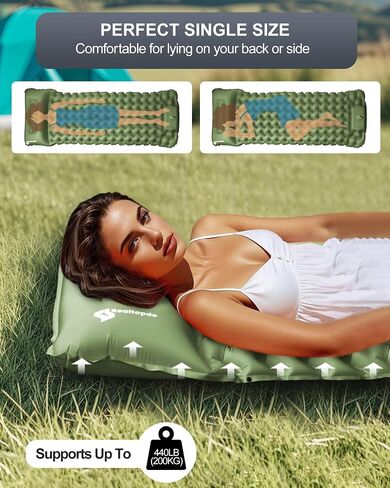 Inflatable Camping Sleeping Pad with Pillow & Foot Pump, 3"x79"x26" Single Camping Air Mattress, Compact Roll-Up, Quick-Dry & Durable Sleeping Mat for Backpacking, Hiking, Tent, Travel – Grass Green in Saudi Arabia