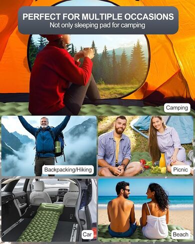Inflatable Camping Sleeping Pad with Pillow & Foot Pump, 3"x79"x26" Single Camping Air Mattress, Compact Roll-Up, Quick-Dry & Durable Sleeping Mat for Backpacking, Hiking, Tent, Travel – Grass Green in Saudi Arabia