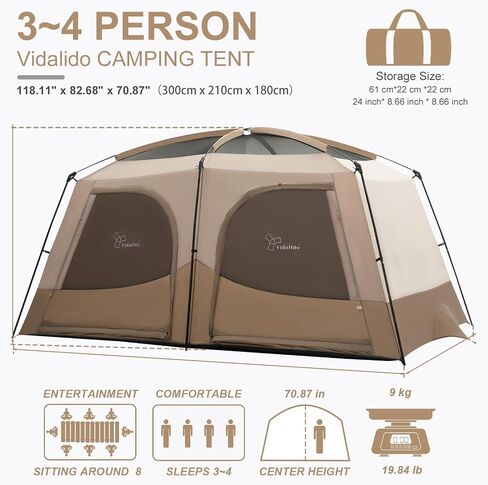 Vidalido Tents，3-4 Person Camping Tent with Extended Vestibule，Weather Resistant Family Tents with Breathable Mesh Windows，Easy Install Waterproof Outdoor Tent for Backpacking and Camping Hiking in Saudi Arabia