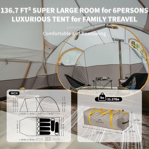 Naturehike KOTA 4/6/8 Person Camping Tent, Double Layer Waterproof 4 Person 6 Person 8 Person Tents for Camping, Large and Tall Family Tent with Vestibules Porch in Saudi Arabia