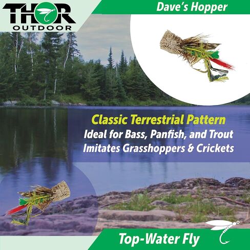 Dave's Hopper Dry Fly Fishing Set - 6 Pcs, Hook Size #10 - Topwater Terrestrial Grasshopper Flies for Bass, Panfish, Trout by Thor Outdoor in Saudi Arabia
