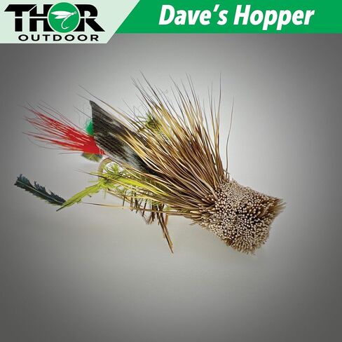Dave's Hopper Dry Fly Fishing Set - 6 Pcs, Hook Size #10 - Topwater Terrestrial Grasshopper Flies for Bass, Panfish, Trout by Thor Outdoor in Saudi Arabia