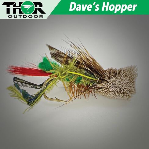 Dave's Hopper Dry Fly Fishing Set - 6 Pcs, Hook Size #10 - Topwater Terrestrial Grasshopper Flies for Bass, Panfish, Trout by Thor Outdoor in Saudi Arabia