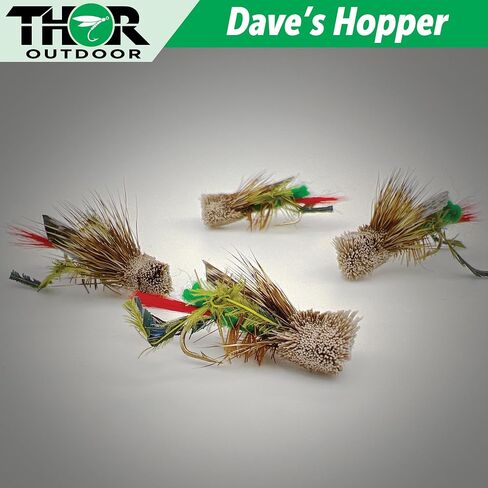 Dave's Hopper Dry Fly Fishing Set - 6 Pcs, Hook Size #10 - Topwater Terrestrial Grasshopper Flies for Bass, Panfish, Trout by Thor Outdoor in Saudi Arabia
