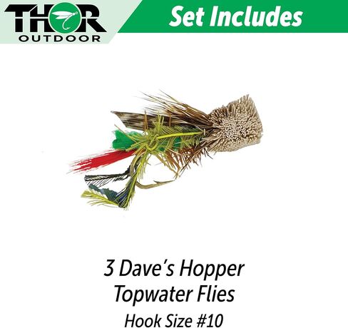 Dave's Hopper Dry Fly Fishing Set - 6 Pcs, Hook Size #10 - Topwater Terrestrial Grasshopper Flies for Bass, Panfish, Trout by Thor Outdoor in Saudi Arabia