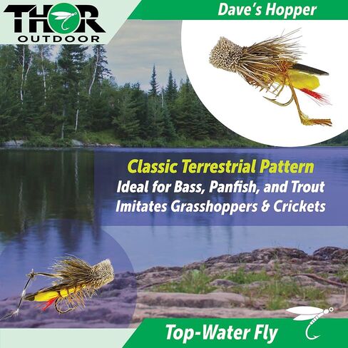Dave's Hopper Dry Fly Fishing Set - 6 Pcs, Hook Size #10 - Topwater Terrestrial Grasshopper Flies for Bass, Panfish, Trout by Thor Outdoor in Saudi Arabia