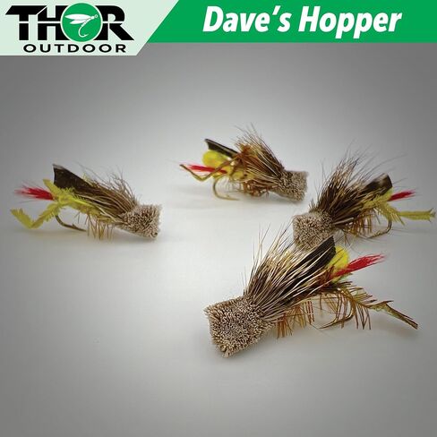 Dave's Hopper Dry Fly Fishing Set - 6 Pcs, Hook Size #10 - Topwater Terrestrial Grasshopper Flies for Bass, Panfish, Trout by Thor Outdoor in Saudi Arabia