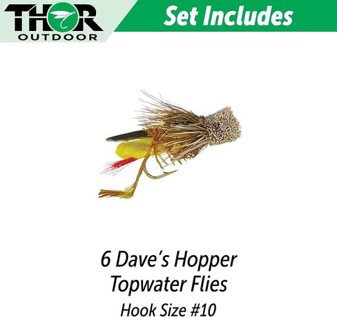 Dave's Hopper Dry Fly Fishing Set - 6 Pcs, Hook Size #10 - Topwater Terrestrial Grasshopper Flies for Bass, Panfish, Trout by Thor Outdoor in Saudi Arabia
