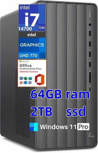 HP Envy Desktop Tower PC, 14th Gen Intel i7-14700(20-Core, Up to 5.4GHz), 64 GB RAM, 2 TB SSD, Intel UHD Graphics 770, Wi-Fi 6, Windows 11 Pro, Microsoft Office Pro Lifetime License, TE01-5002 in Saudi Arabia