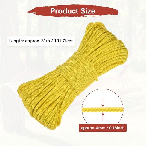 4 mm 102FT Guyline Camping Paracord [1PCS] - Guy Lines Ultralight Thin Cord Rope 7 Strands Paracord 550LB Use for Camping Tents & Tarps & Hiking - [Yellow] in Kuwait