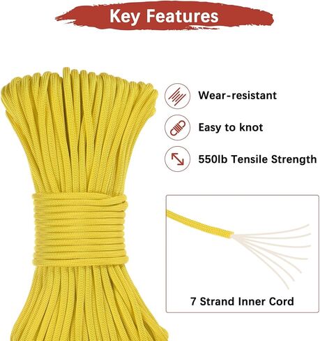4 mm 102FT Guyline Camping Paracord [1PCS] - Guy Lines Ultralight Thin Cord Rope 7 Strands Paracord 550LB Use for Camping Tents & Tarps & Hiking - [Yellow] in Kuwait