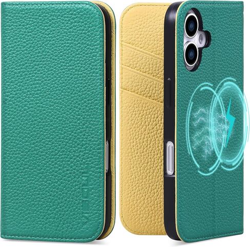 VISOUL Case for iPhone 16 Wallet Case, Pebbled Real Leather Wallet Phone Case Card Holders Kickstand Flip Folio Cover Compatible with iPhone 16 (6.1 inch)-Verona Green+Yellow in Saudi Arabia