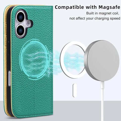 VISOUL Case for iPhone 16 Wallet Case, Pebbled Real Leather Wallet Phone Case Card Holders Kickstand Flip Folio Cover Compatible with iPhone 16 (6.1 inch)-Verona Green+Yellow in Saudi Arabia