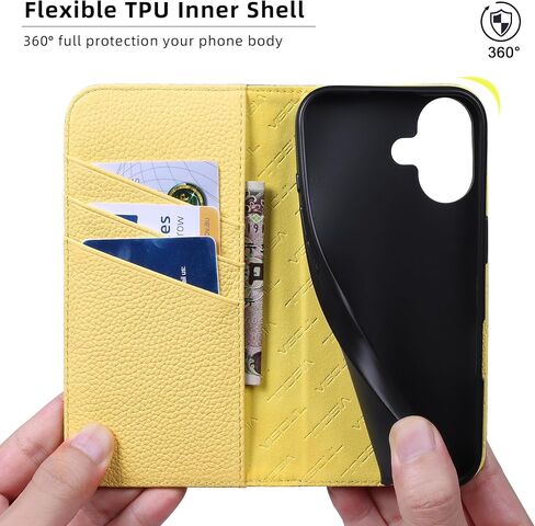 VISOUL Case for iPhone 16 Wallet Case, Pebbled Real Leather Wallet Phone Case Card Holders Kickstand Flip Folio Cover Compatible with iPhone 16 (6.1 inch)-Verona Green+Yellow in Saudi Arabia