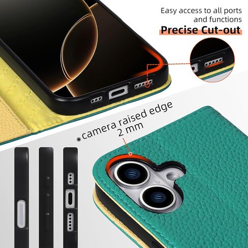 VISOUL Case for iPhone 16 Wallet Case, Pebbled Real Leather Wallet Phone Case Card Holders Kickstand Flip Folio Cover Compatible with iPhone 16 (6.1 inch)-Verona Green+Yellow in Saudi Arabia
