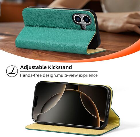 VISOUL Case for iPhone 16 Wallet Case, Pebbled Real Leather Wallet Phone Case Card Holders Kickstand Flip Folio Cover Compatible with iPhone 16 (6.1 inch)-Verona Green+Yellow in Saudi Arabia