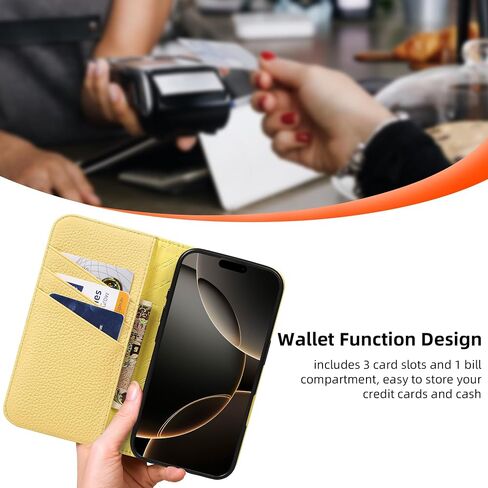 VISOUL Case for iPhone 16 Wallet Case, Pebbled Real Leather Wallet Phone Case Card Holders Kickstand Flip Folio Cover Compatible with iPhone 16 (6.1 inch)-Verona Green+Yellow in Saudi Arabia