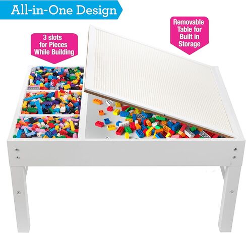 مجموعة العاب بناء طاولة لعب خشبية مع 4 مساحات تخزين - تتضمن 1000 قطعة من الطوب بالوان قوس قزح، بناء وتكديس مع قطع مكعبات فوق لوحة القاعدة، لعبة انشطة ممتعة للاطفال من سن 3 سنوات فما فوق in Kuwait