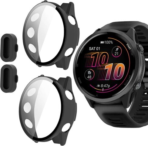 Compatible for Garmin Forerunner 570 Case with Dust Plug, Lamshaw Case with Tempered Glass Screen Protector + Dust Plug Compatible with Garmin Forerunner 570 42mm, 47mm (2 Pack-Black+Clear, 42mm) in Saudi Arabia