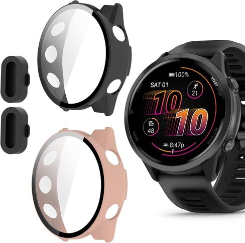 Compatible for Garmin Forerunner 570 Case with Dust Plug, Lamshaw Case with Tempered Glass Screen Protector + Dust Plug Compatible with Garmin Forerunner 570 42mm, 47mm (2 Pack-Black+Clear, 42mm) in Saudi Arabia