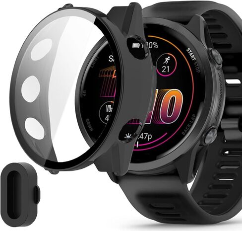 Compatible for Garmin Forerunner 570 Case with Dust Plug, Lamshaw Case with Tempered Glass Screen Protector + Dust Plug Compatible with Garmin Forerunner 570 42mm, 47mm (2 Pack-Black+Clear, 42mm) in Saudi Arabia