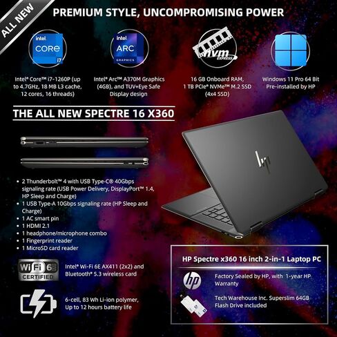 HP Specter X360 2-in-1 كمبيوتر محمول لمصمم Prisoner Business Professional 16 "WQXGA Touch Intel 16-Core Ultra 7 155h (حتى 11 TOPS) in Saudi Arabia