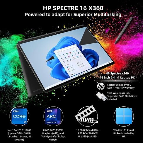 HP Specter X360 2-in-1 كمبيوتر محمول لمصمم Prisoner Business Professional 16 "WQXGA Touch Intel 16-Core Ultra 7 155h (حتى 11 TOPS) in Saudi Arabia
