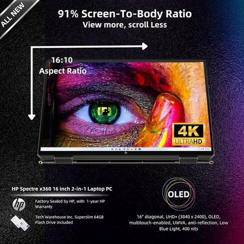 HP Specter X360 2-in-1 كمبيوتر محمول لمصمم Prisoner Business Professional 16 "WQXGA Touch Intel 16-Core Ultra 7 155h (حتى 11 TOPS) in Saudi Arabia