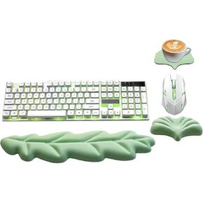 Ergonomic Keyboard Wrist Rest, Leaf Shape PU Leather Memory Foam Wrist Support for Computer Keyboard, Keyboard Pad and Cute Mouse Wrist Pad for Gaming,Office,Computer,Typing Pain Relief, Pastel Green