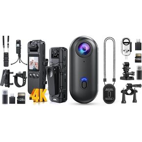 Z11 4K Body Camera with Audio and Video Recording, 128GB Small Body Cam with 180° Rotating Lens and Z10 4K Action Camera, 128GB Wearable Sports Cam with Waterproof Case, Magnetic Clip