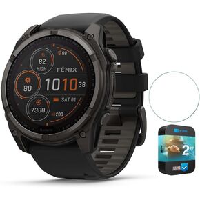 Garmin 010-02906-10 Fenix 8 47 mm Solar Sapphire Carbon Gray DLC Titanium with Black/Pebble Gray Bundle with Round Tempered Glass Screen Protector and 2 YR CPS Enhanced Protection Pack