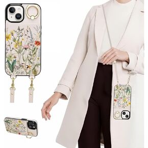 uCOLOR Case for iPhone 13/14/15 Wallet Case for Women, Crossbody Zipper Purse with Shoulder Wristlet Strap RFID Blocking Card Holders Kickstand Flip Leather Case 6.1" (Desert Flowers)